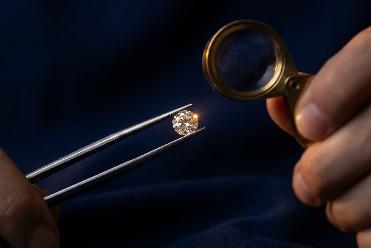 A brilliant-cut diamond inspected in fine tweezers under a jeweller's loupe on deep navy