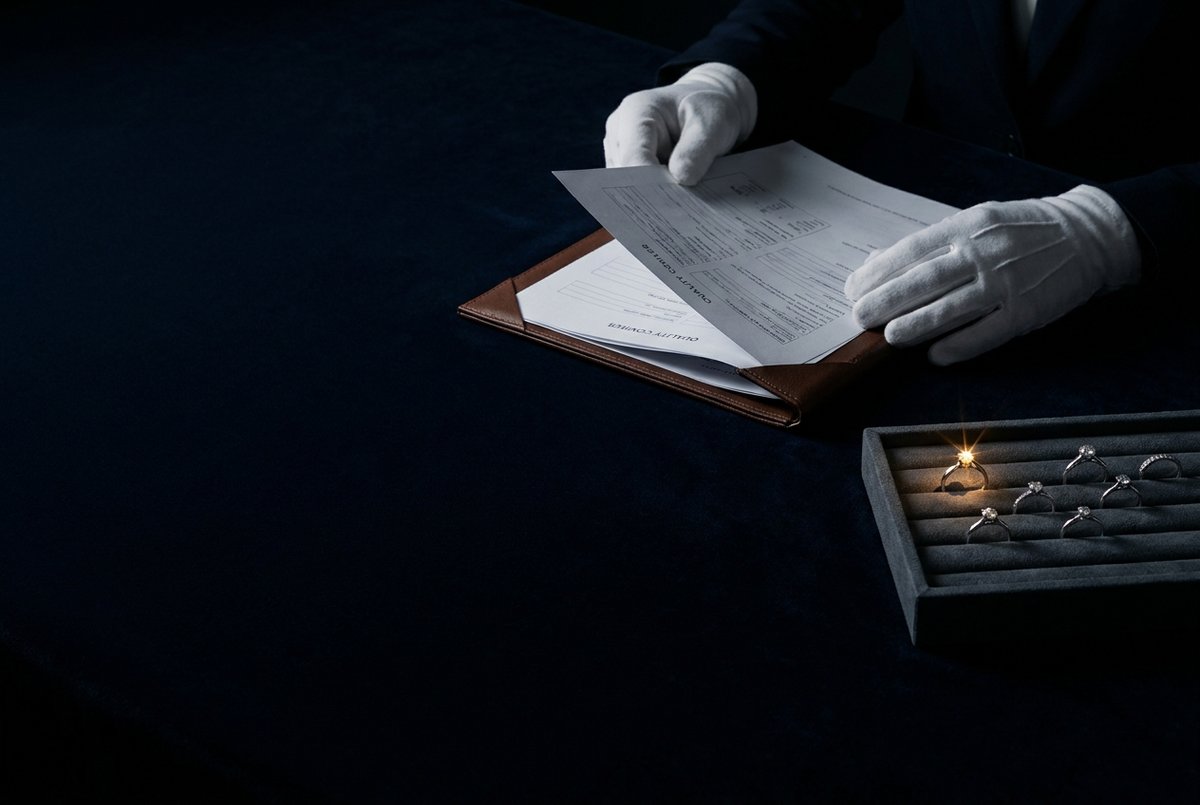 A jeweller's gloved hands reviewing a quality report beside a tray of finished diamond rings